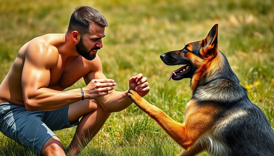 Muscular man and German Shepherd in police dog training session on grassy field.