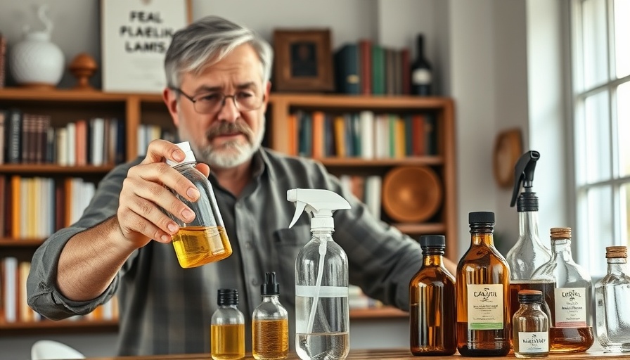Man preparing natural flea and tick spray with books and award in background.