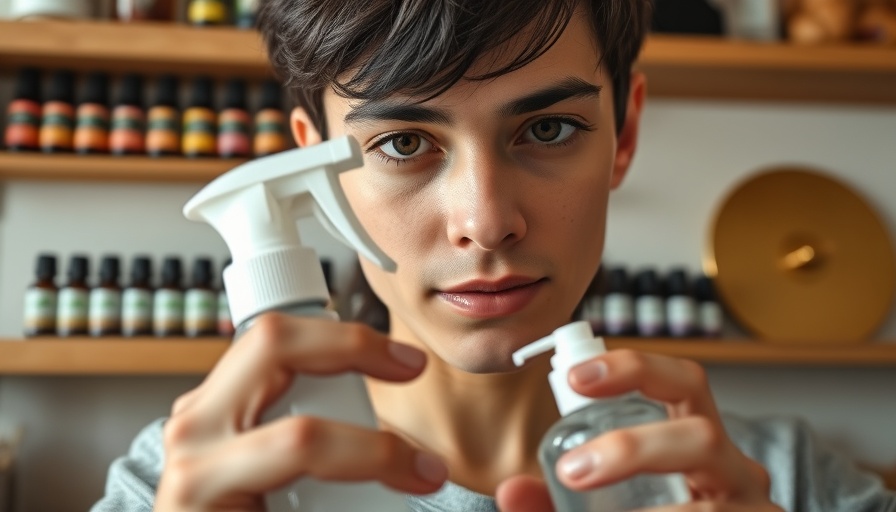 Person preparing natural flea and tick spray for dogs at a kitchen counter.