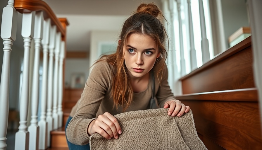 DIY staircase runner being installed by a focused young woman.