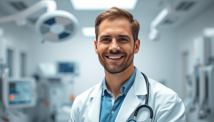 Doctor in blue scrubs smiling in hospital room, related to joint pain management.