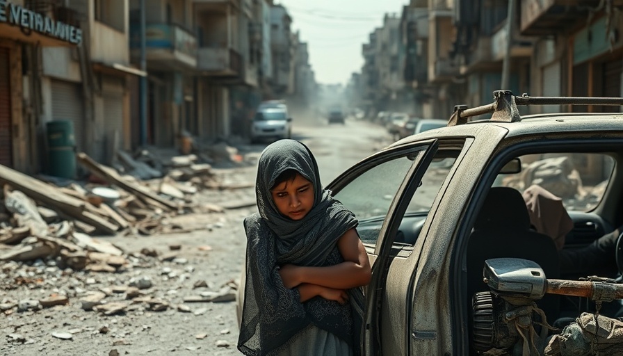 Hamas Gaza ceasefire response: woman and child near damaged car.