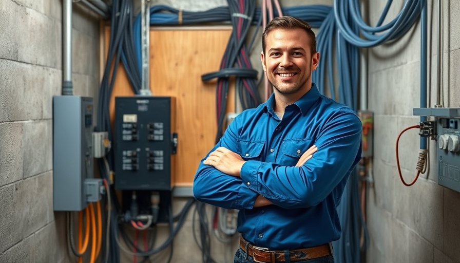 Electrician smiling confidently in utility room with visible wiring.