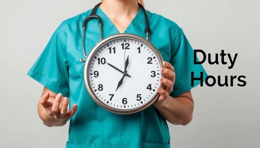 Doctor holding clock highlighting excess duty hours.