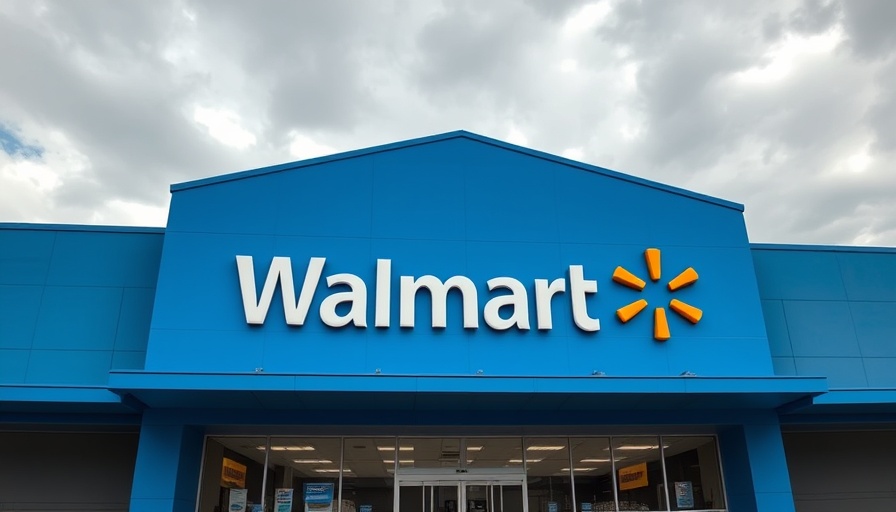 Walmart store facade with logo, bright sky.