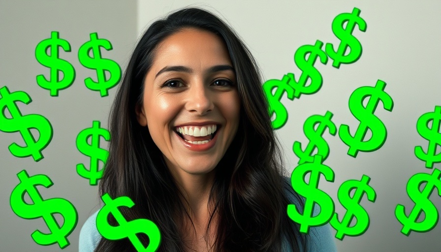 Smiling woman with dollar signs sharing dental savings tips