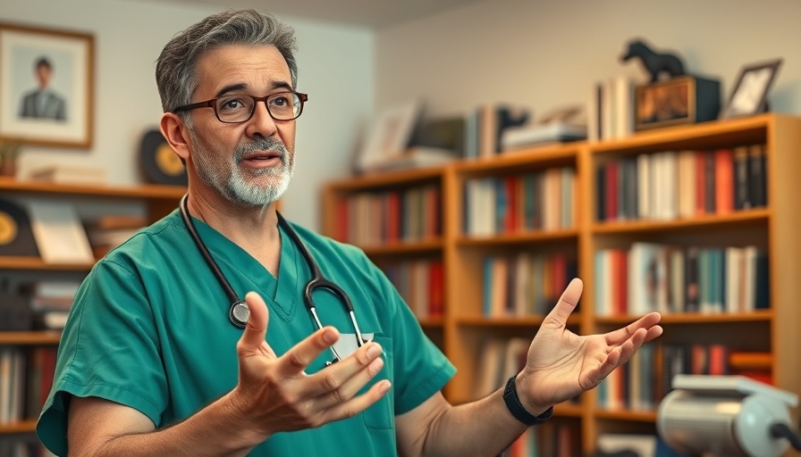 Veterinarian explains forgotten vet treatments in book-lined office.