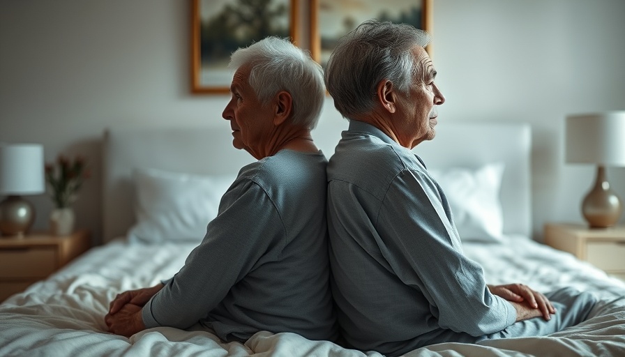 Elderly couple sitting apart on bed, depicting divorce impact.
