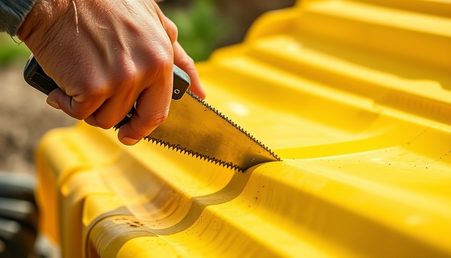 Handsaw cutting yellow plastic for DIY hanging swing project.
