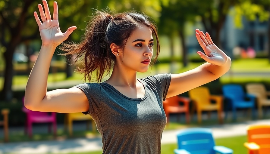 Active woman doing stretches outdoors to relieve sitting tension.