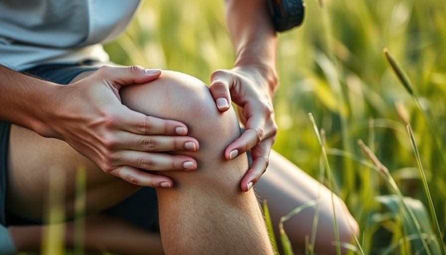 Person holding knee for joint pain relief in grassy field.