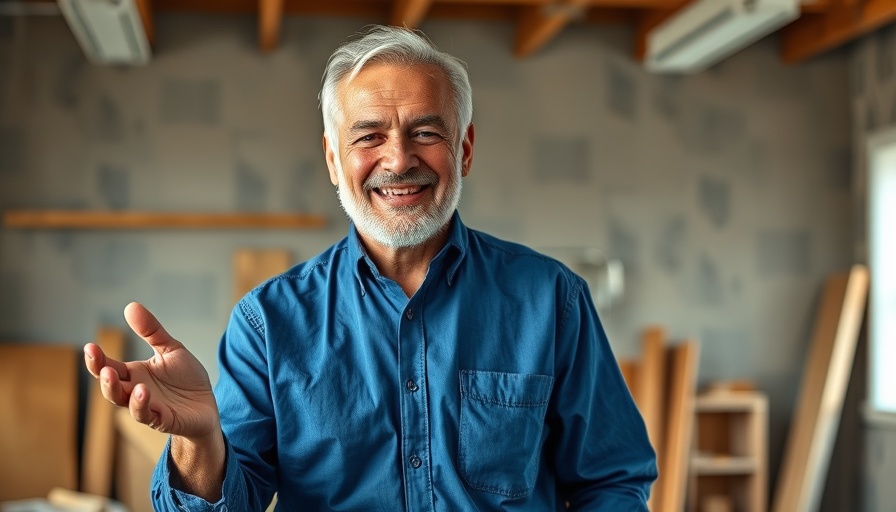 Friendly older male explaining drywall mud mixing, home renovation setting.
