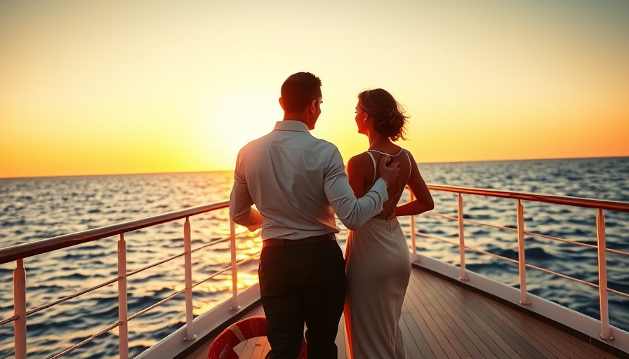 Elegant couple dancing on a ship deck at sunset, embracing wellness.