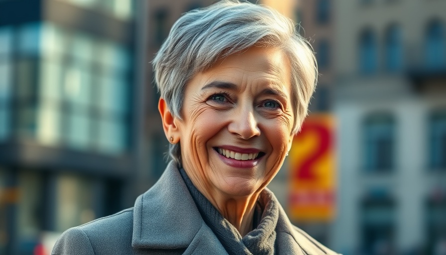 Elderly woman smiling outdoors in gray coat, elder care awareness