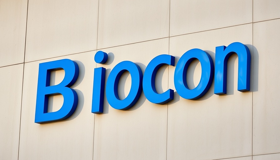 Biocon logo on modern office building wall, photorealistic detail.