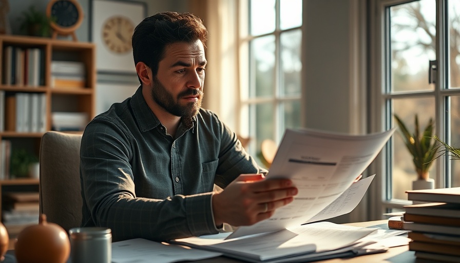 Man contemplates finances at home, seeking financial peace of mind.