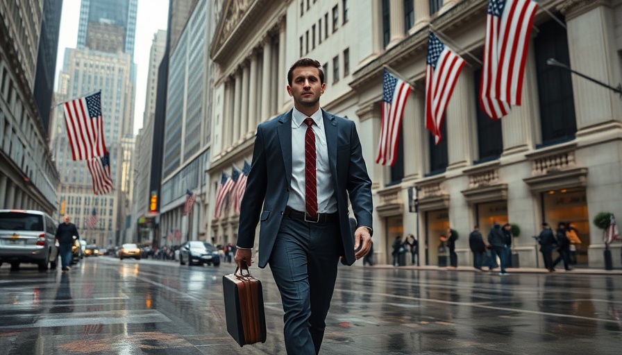 Businessman near NYSE amid tariff threats, market volatility.