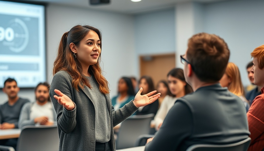 Young woman presenting house flipping opportunities in seminar.