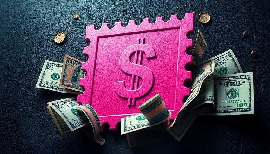 Illustration of rising stamp prices with a pink stamp and dollar bills.