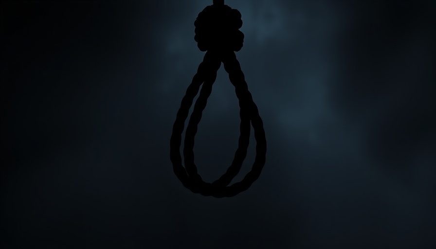 Shadowy silhouette of noose on dark background, conveying mental health care challenges.