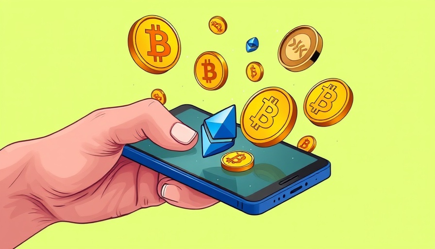 Digital illustration of a hand using a crypto trading app on a smartphone with floating cryptocurrency symbols.