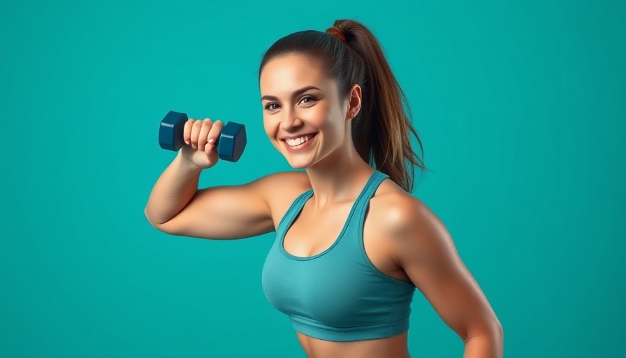 Smiling woman holds dumbbell against teal background for safe exercise.
