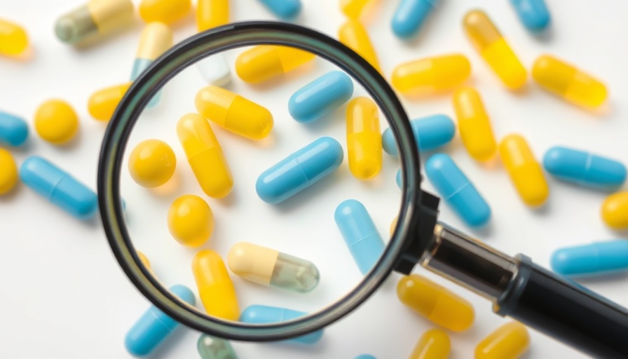 Magnifying glass examining capsules related to medicine labelling standards.