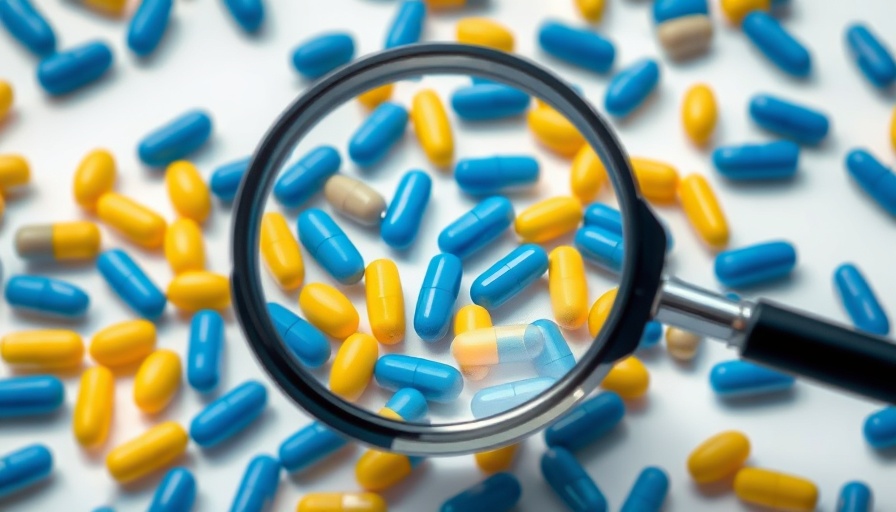 Illustration of pills under magnifying glass, sub-committee on medicine labelling context.