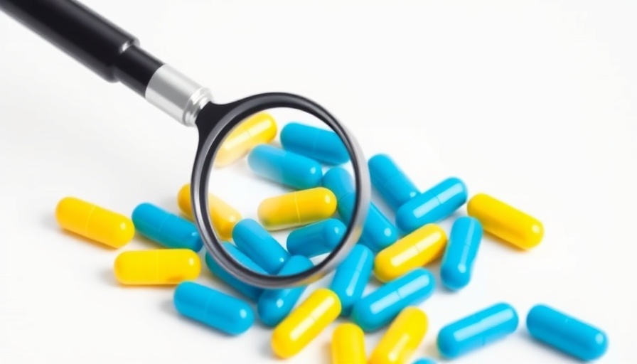 Magnifying glass over blue and yellow capsules, symbolizing medicine labeling reforms.