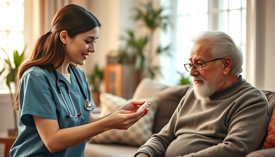 Caring nurse assists older man with medication; brain health risks.