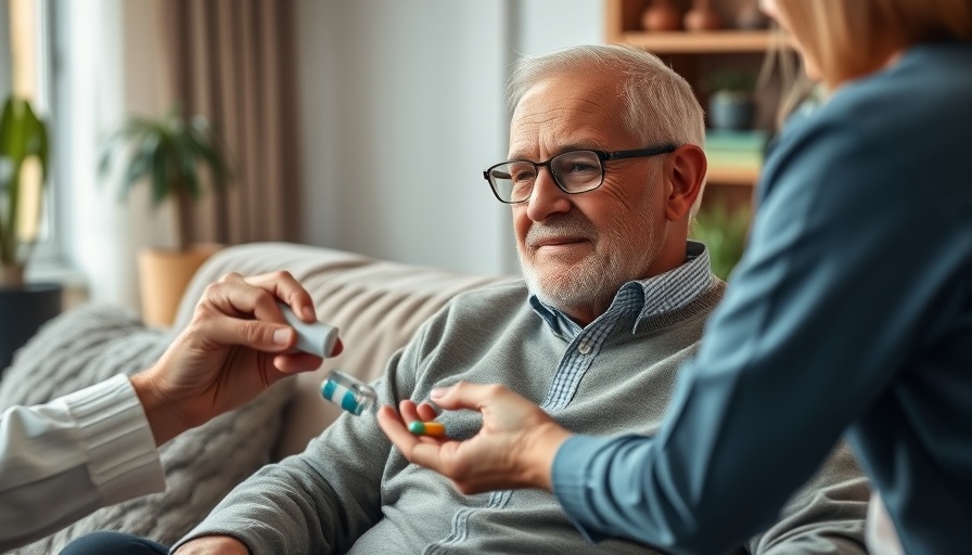 Elderly man receiving medication in a cozy living room.