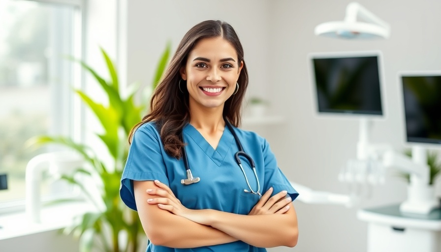 Confident female dentist in scrubs in a modern dental office.