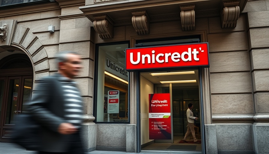 UniCredit sign on stone building with blurred figure passing by.