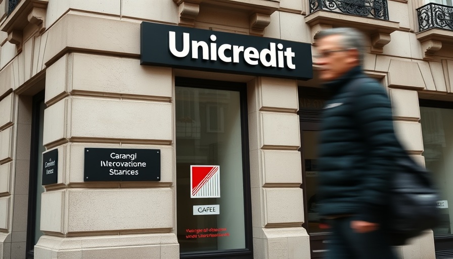 UniCredit building facade with motion-blurred pedestrian in foreground.