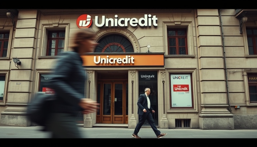 UniCredit sign on historic building facade, blurred pedestrian