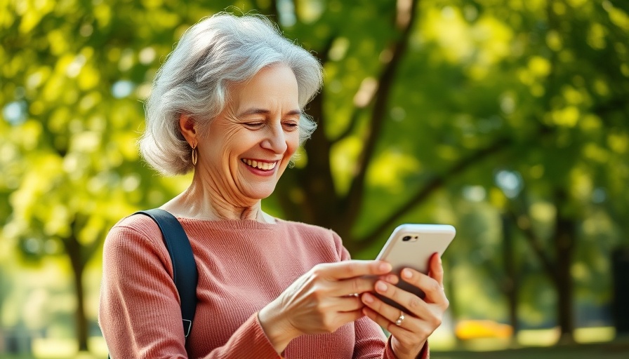 Smiling older woman texting on smartphone in a park, texting for seniors.