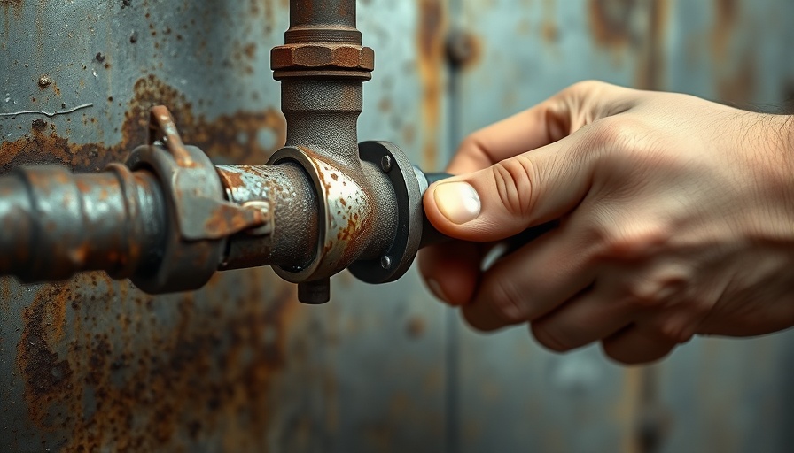 Close-up of hands performing plumbing repairs on a rusty pipe.