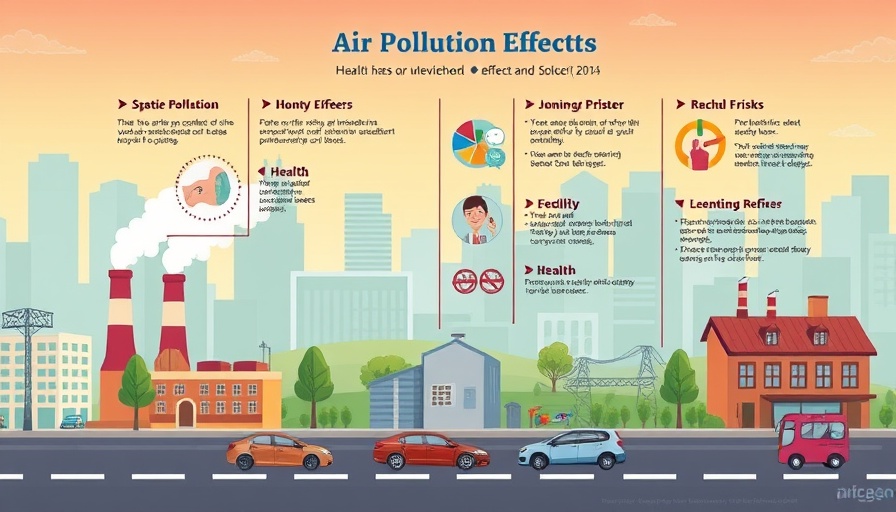 Diagram illustrating air pollution impacts and health mitigations, urban setting.
