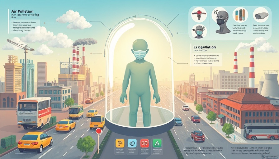 Illustration of air pollution's impact on health and protective measures.