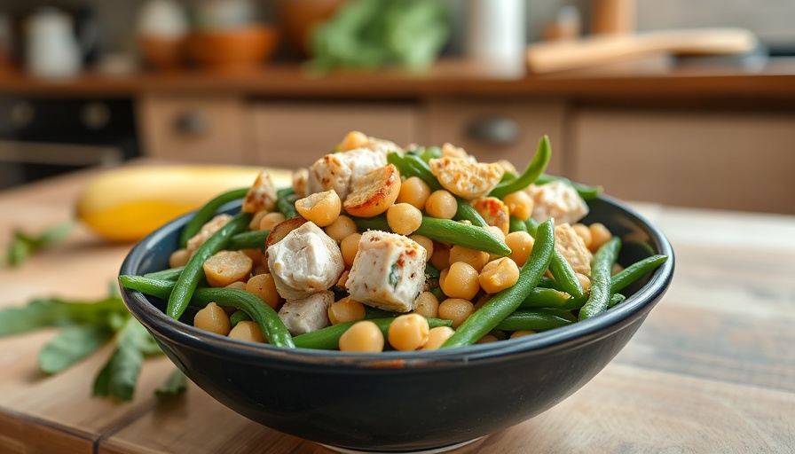 Fresh Green Bean Chickpea Salad with Chicken in a blue bowl.