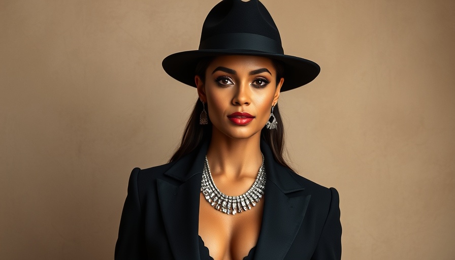Elegant woman in black with sparkling necklace on luxurious background.