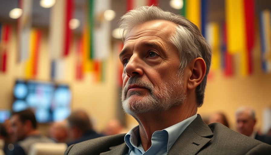 Thoughtful older male at a conference, background flags.