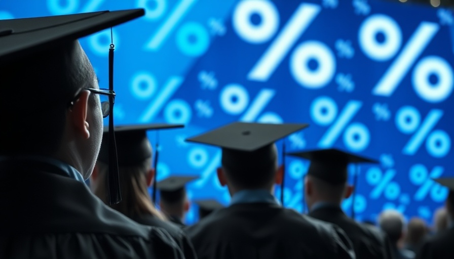 Graduates facing blue background with percentage signs, student loan interest rates.