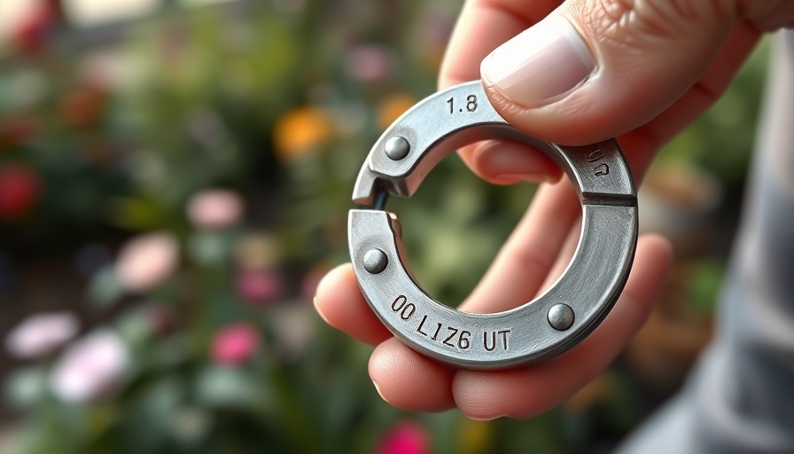 Close-up of a metallic pipe cutter tool in a garden.
