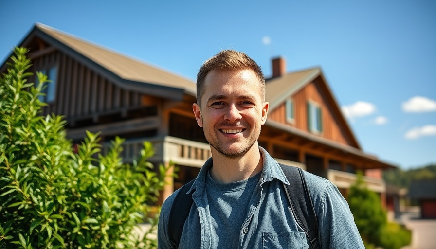 Man outdoors near a rustic building on a sunny day.