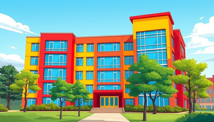 Illustration of a new medical college in Mumbai with red and yellow facade.