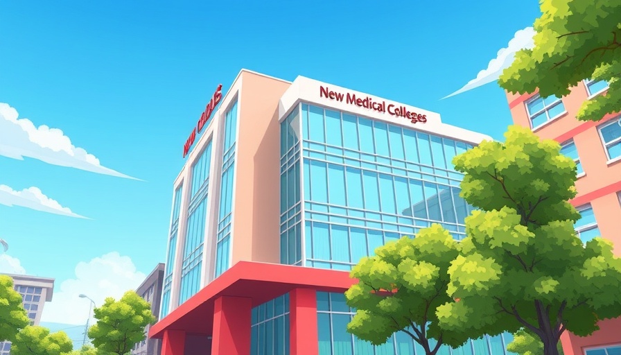 Illustration of new medical college in Mumbai with trees and clear sky.