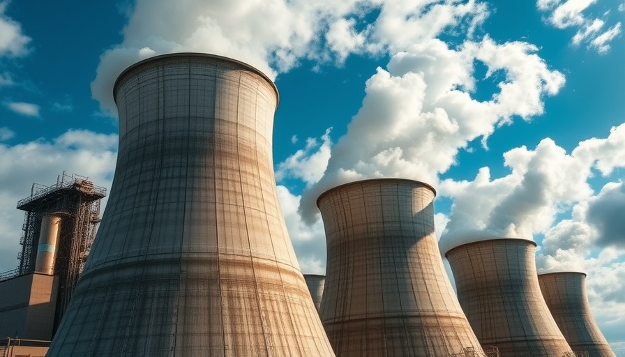 Cooling towers with steam at a nuclear plant, clear blue sky.