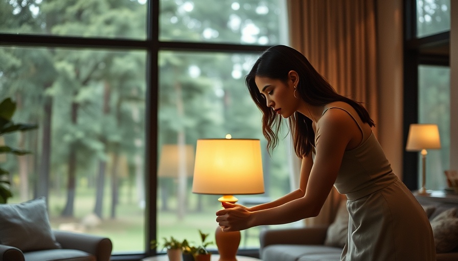 Woman adjusting timer light bulb in cozy living room.