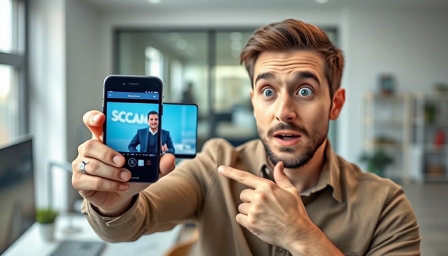 Young man highlights AI deepfake scams with a phone screen.